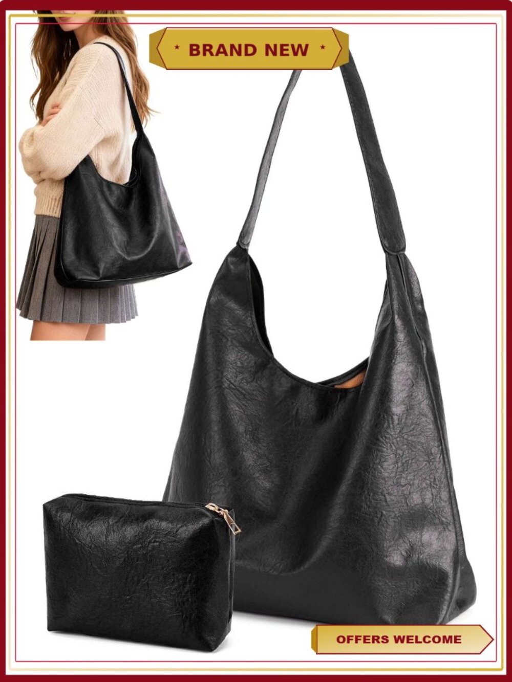 LAVA Hobo Shoulder Bag PU Vegan Leather Slouchy Tote Handbag with Pouch
